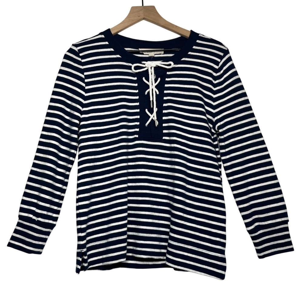 LOFT Striped Lace Up Long Sleeve Tunic Top Navy White Cotton Blend Size S
